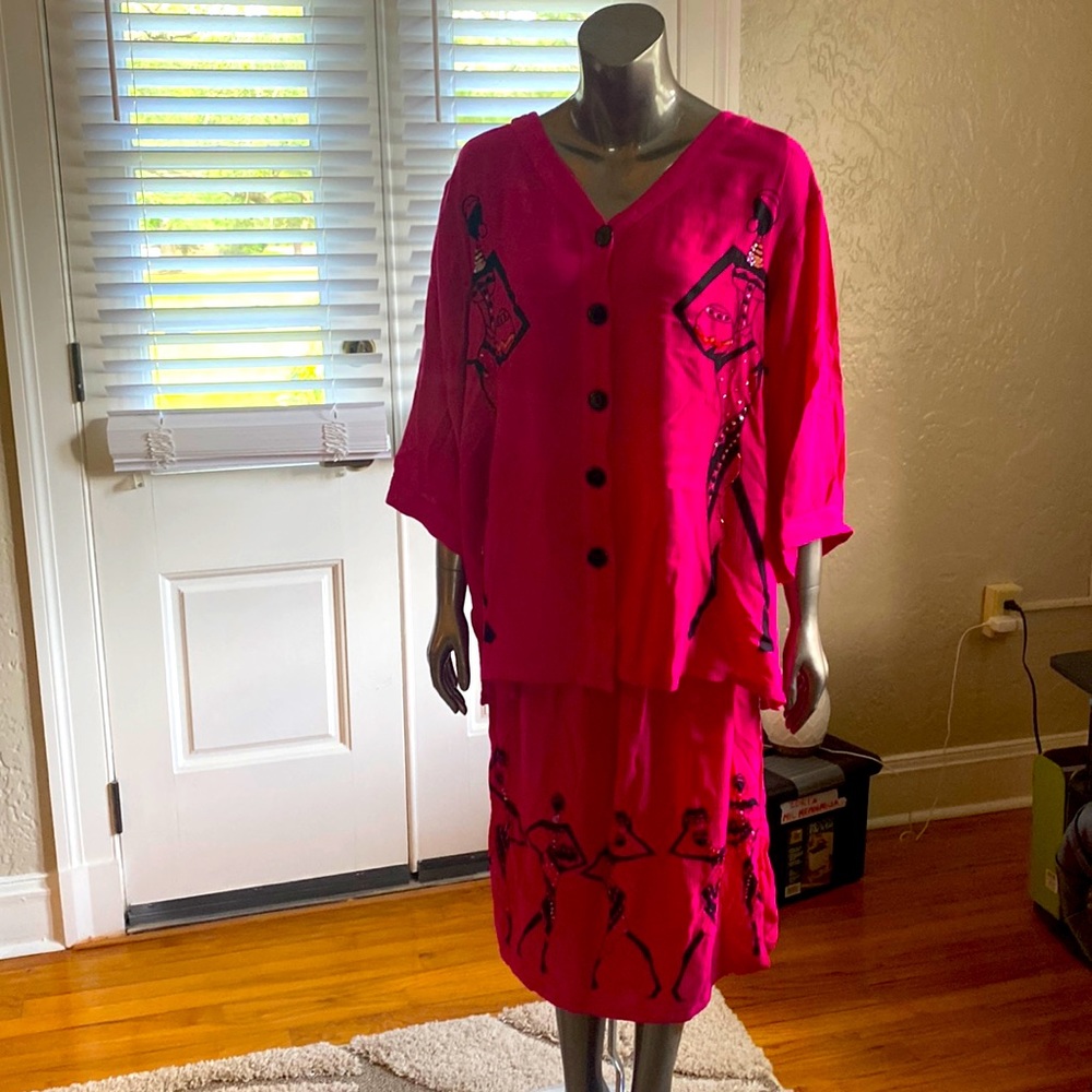 Hot pink button shirt and skirt set, beaded and sequined